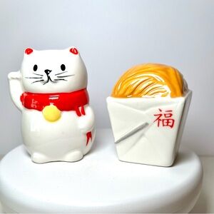 Ceramic Lucky Cat and Chinese Takeout Box Noodles Salt and Pepper Shakers